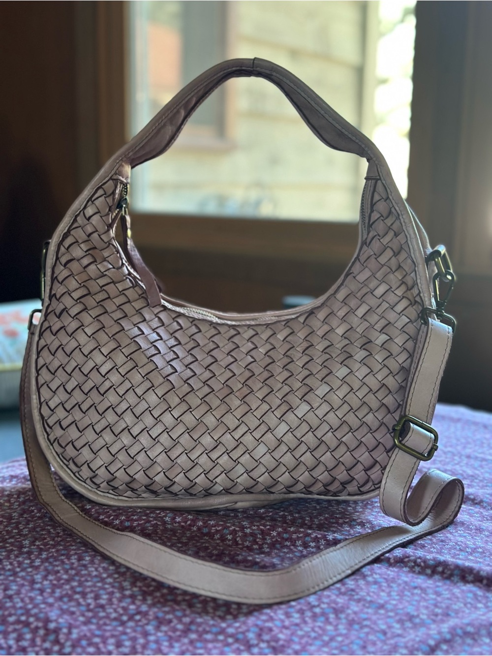 Sundance Telluride leather Woven Hobo Bag in Blush pink